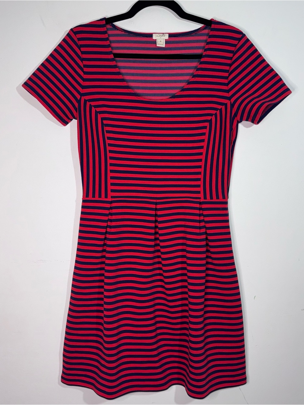 J.Crew Factory Size 6 Red Navy Striped Fit & Flare Knit Dress Short Sleeve